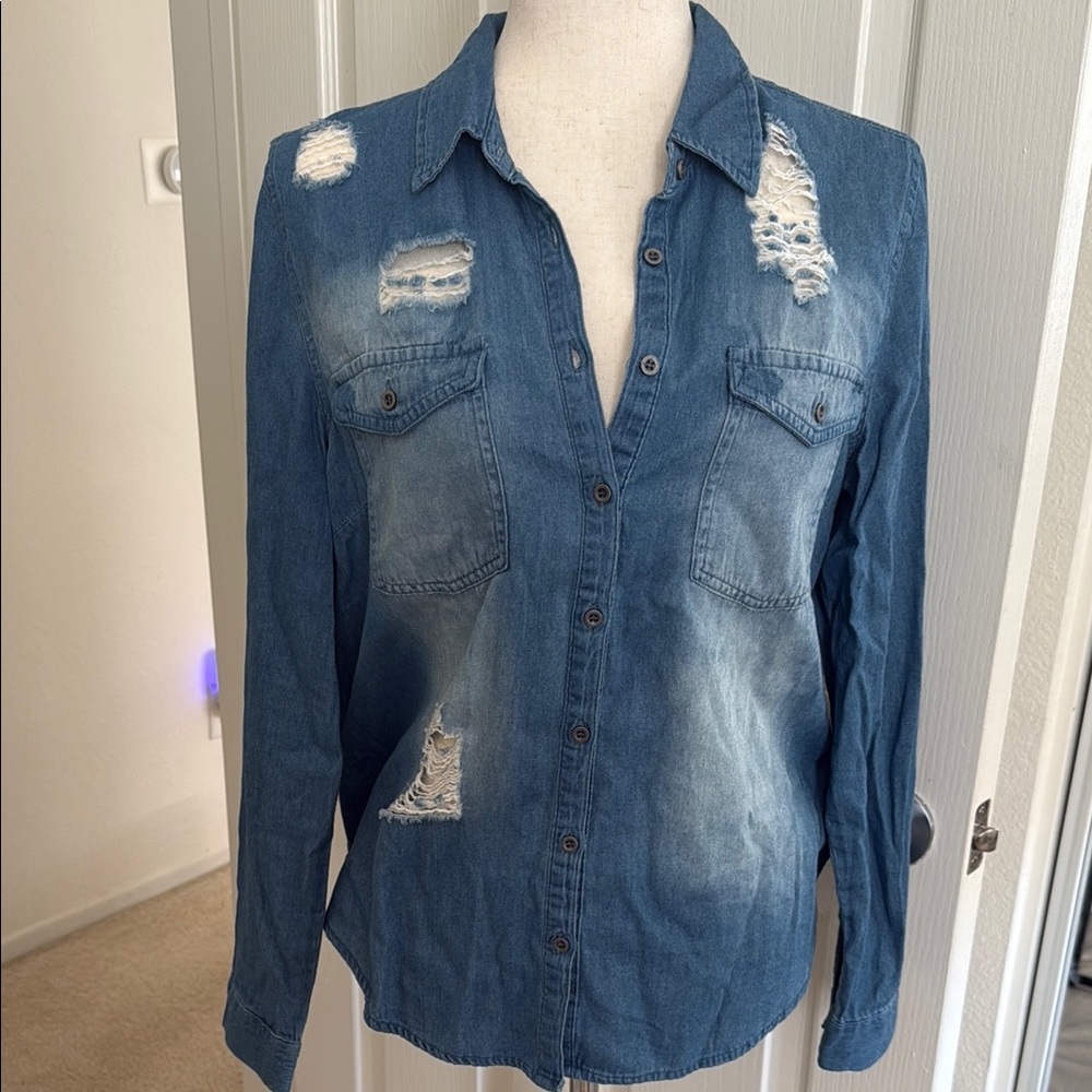 Denim Button-Up Distressed Women's long sleeve top